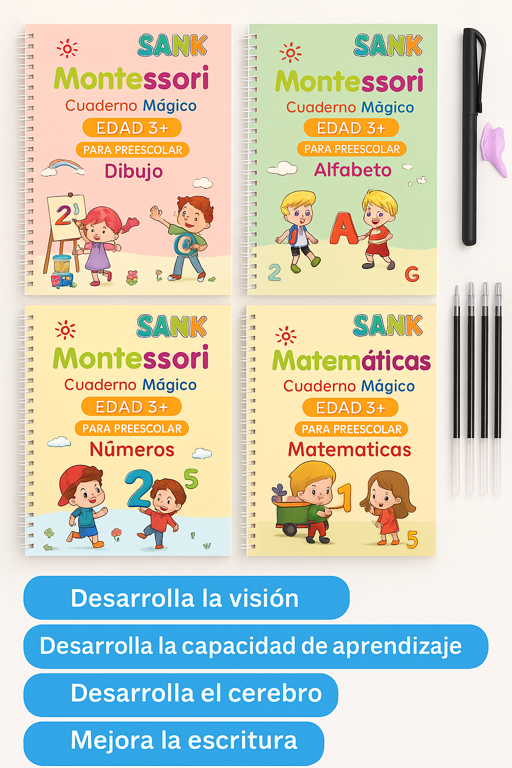 4 Cuadernos mágicos de escritura para Niñas y Niños